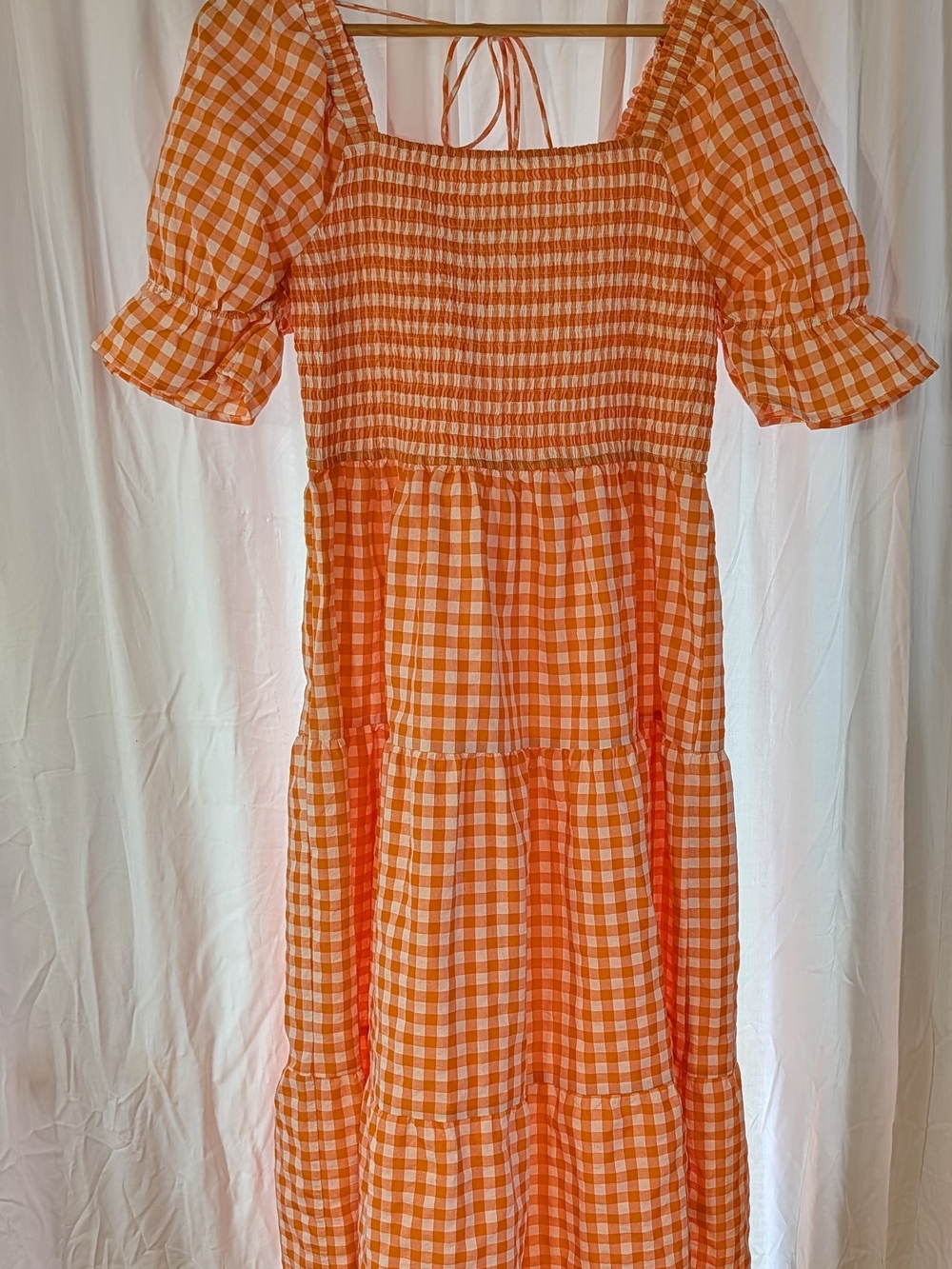 Zesica Orange Gingham Puff Sleeve Square Neck Smocked Midi Dress Size XL